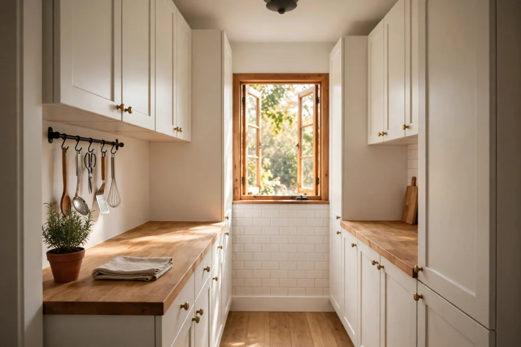 Small galley kitchen beautifully organized with clear counters