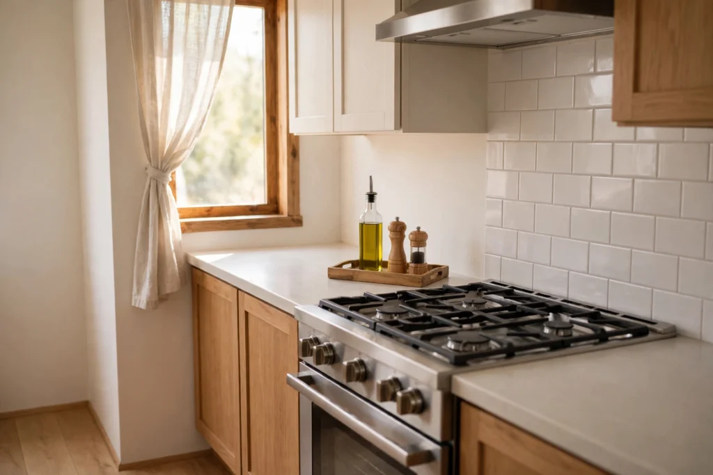 Small kitchen with clear counters and a single tray of daily essentials