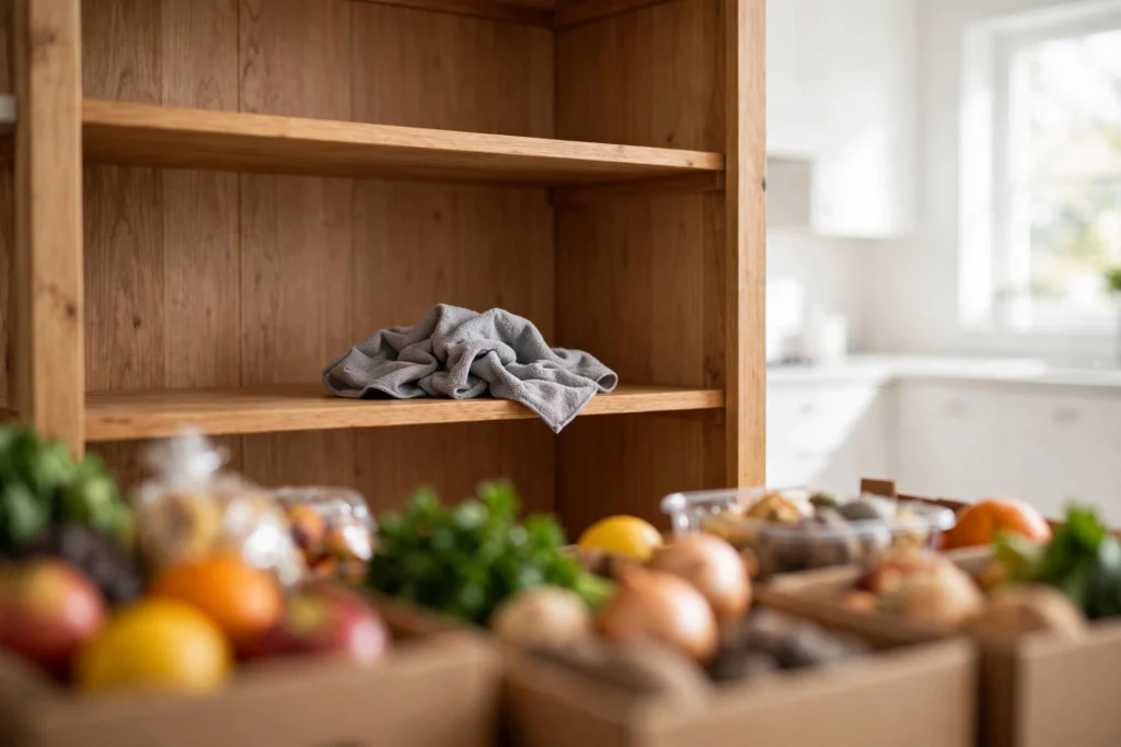 Empty pantry shelves being wiped clean before organizing