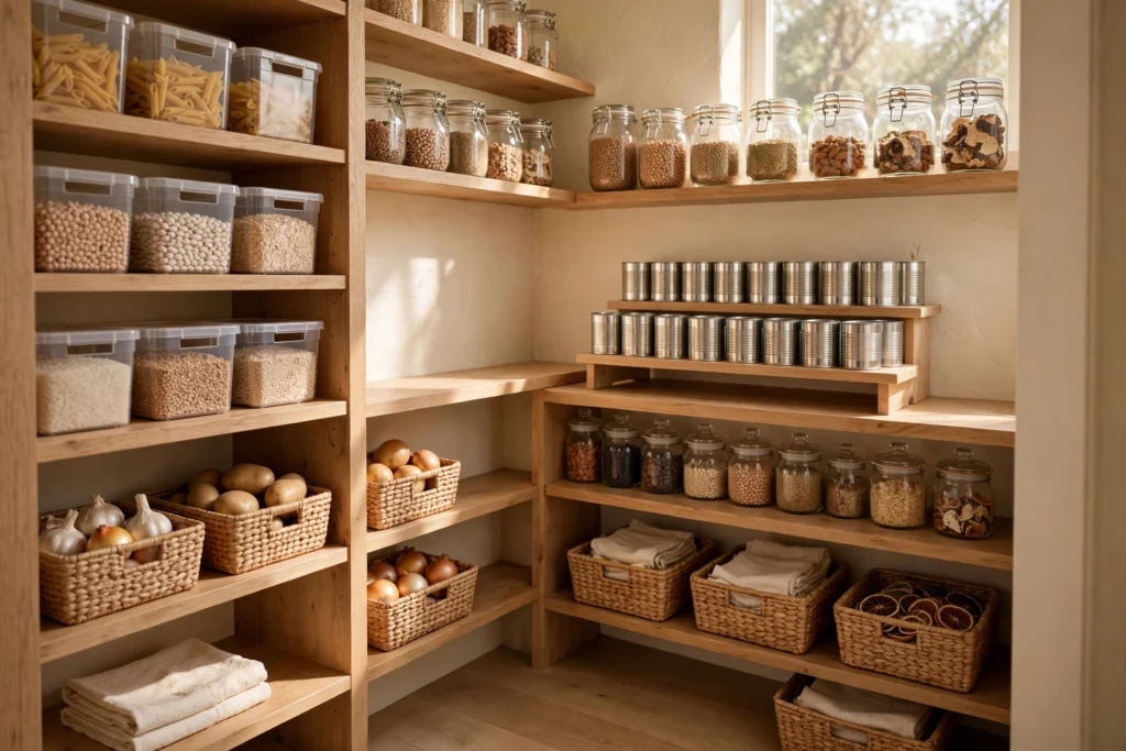 Small walk-in pantry fully organized with bins, jars, and baskets