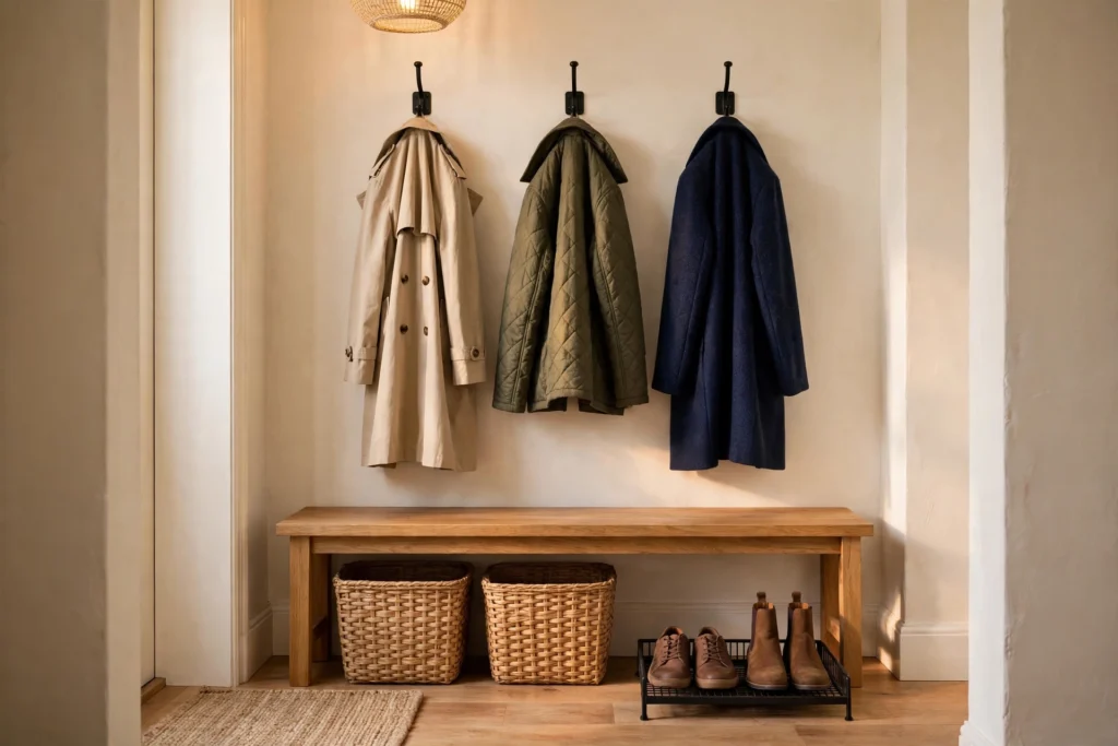 Tidy home entryway with storage bench, baskets, and wall hooks