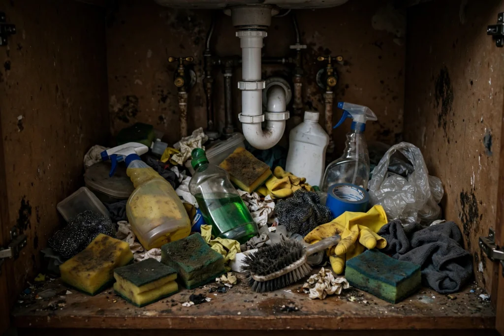 Messy cluttered under-sink cabinet before organizing