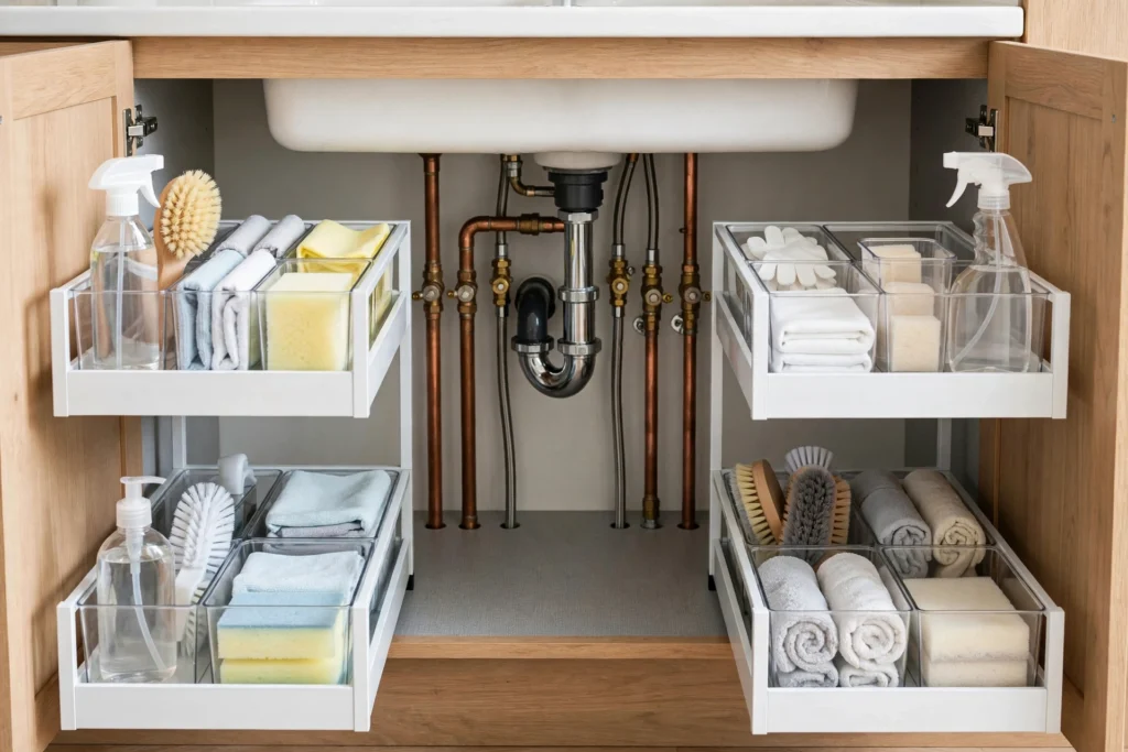 Organized under-sink cabinet with pull-out drawers around the pipes