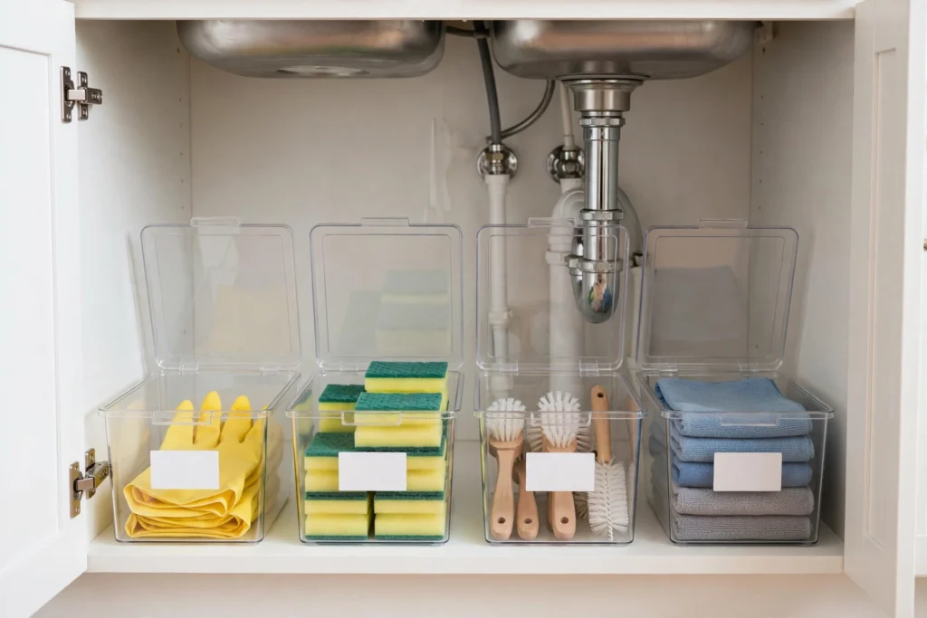 Clear bins organizing cleaning supplies by category under the sink