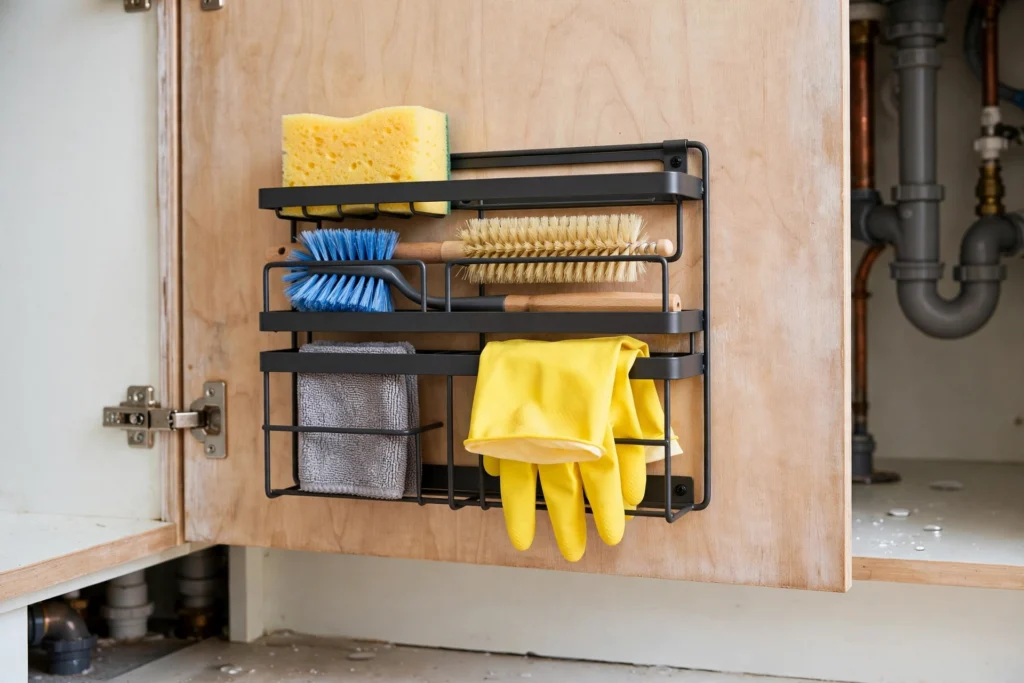 Caddy mounted inside an under-sink cabinet door holding sponges and brushes