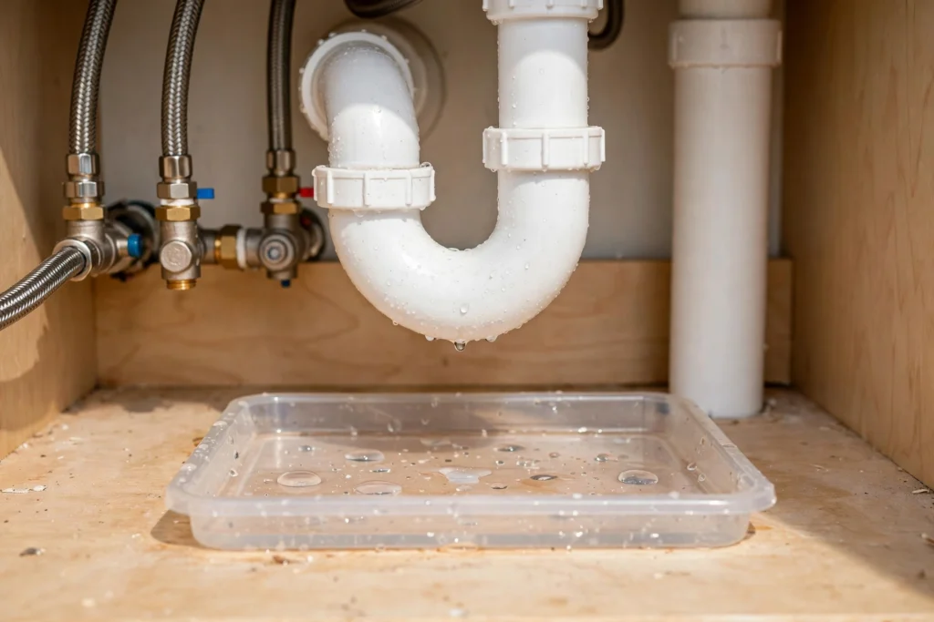 Drip tray placed under sink pipes to protect the cabinet