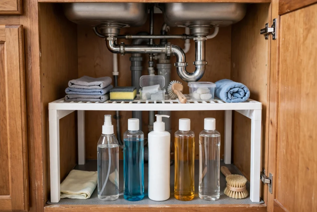 Stackable shelf riser creating a second storage level inside an under-sink cabinet