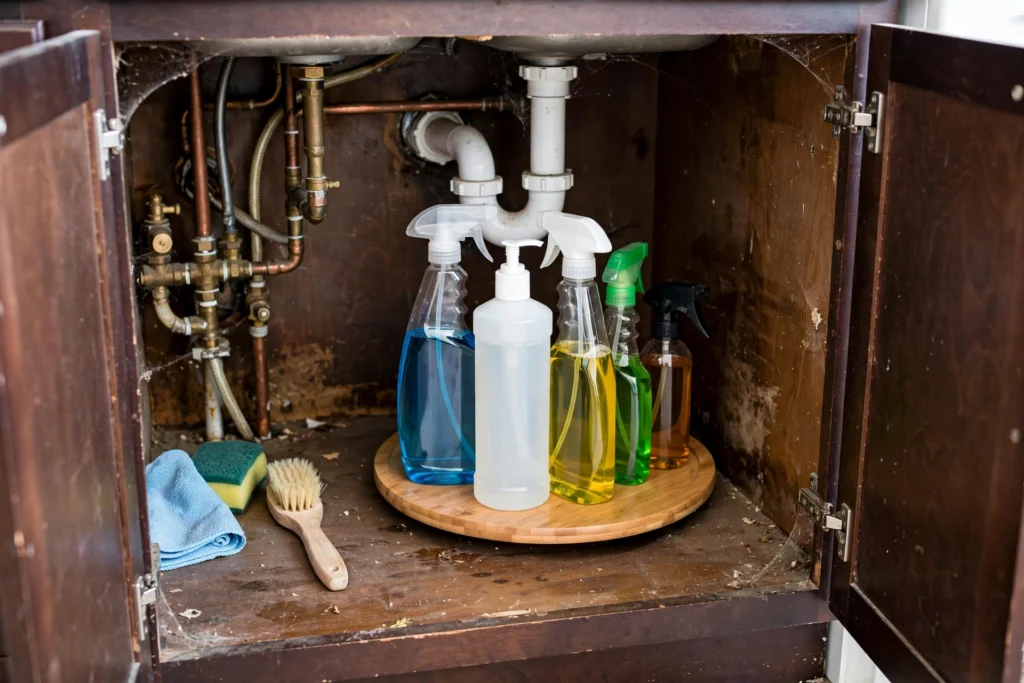 Turntable in the back corner of an under-sink cabinet